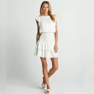 Anthropologie Sundays White Smocked Mini Dress Cotton Ruffle Sleeve - Size M